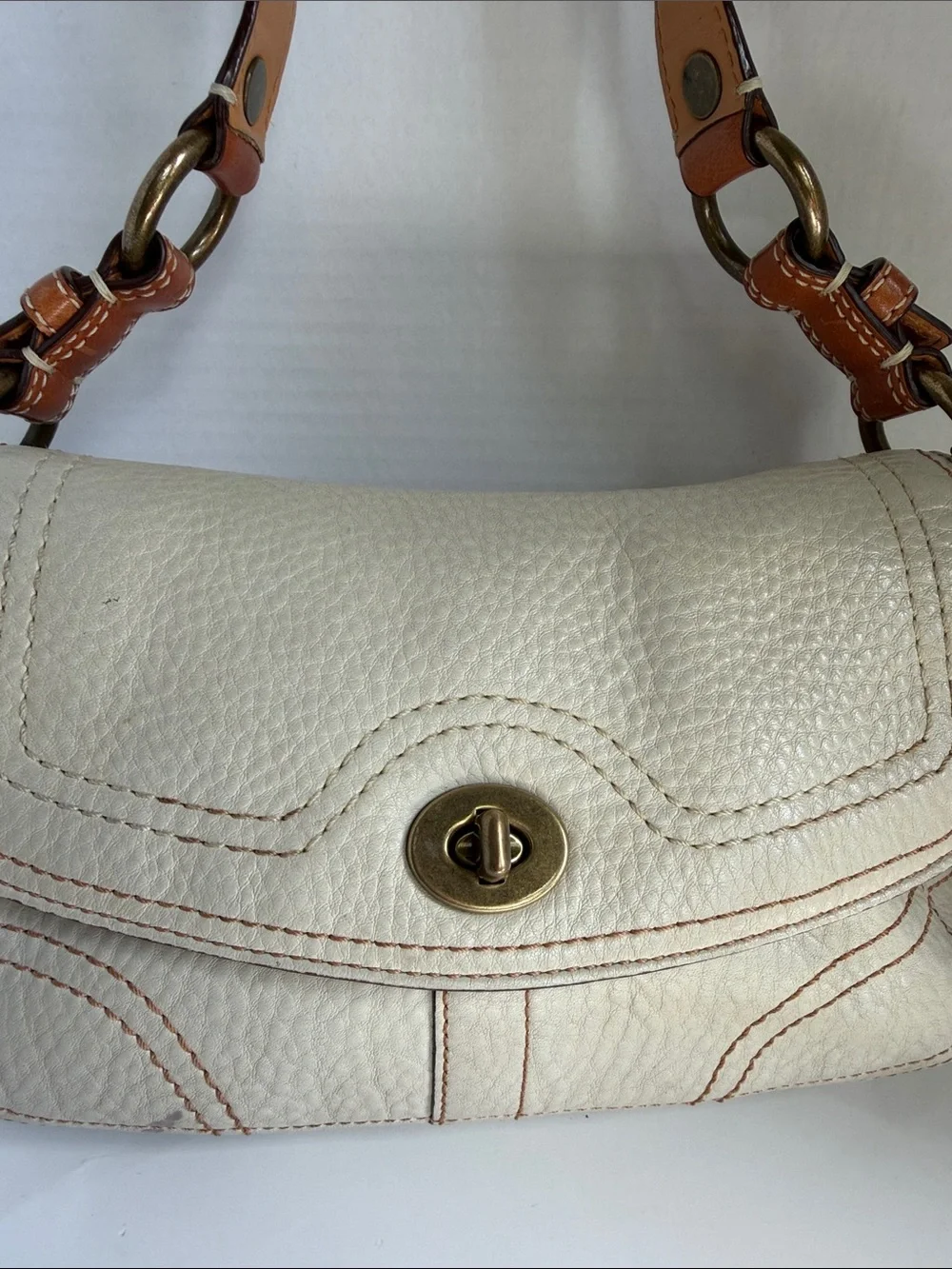 Coach Cream Leather Shoulder Bag with Gold Turn-Lock